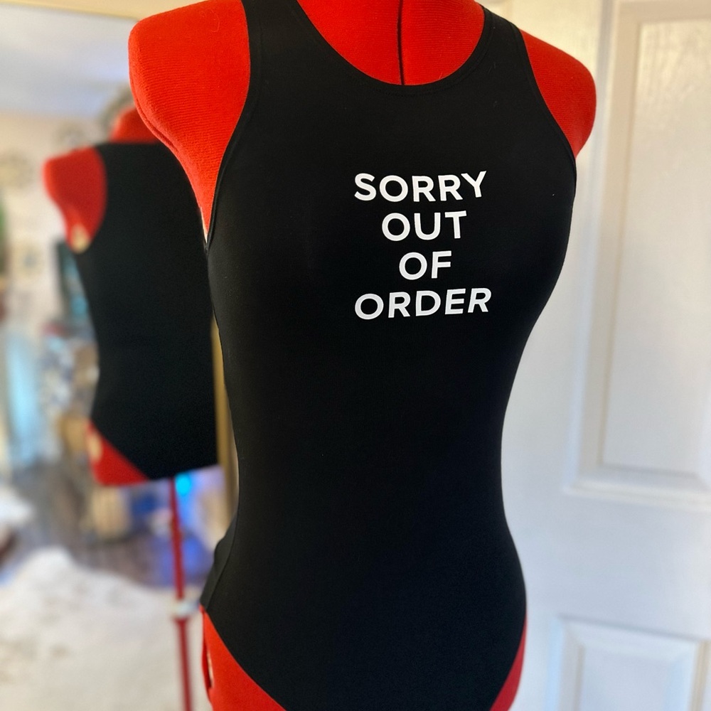 Black 'Sorry Out of Order' Graphic Bodysuit Women’s Sz S